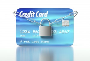 Credit card padlock and chain, concept of security